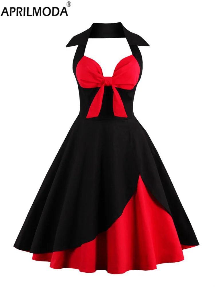 Strapless Halter Sexy 50s Vintage Women's Dress | V-Neck Patchwork Pinup Big Swing Vestidos | Elegant Ruffle Rockabilly Party Dresses