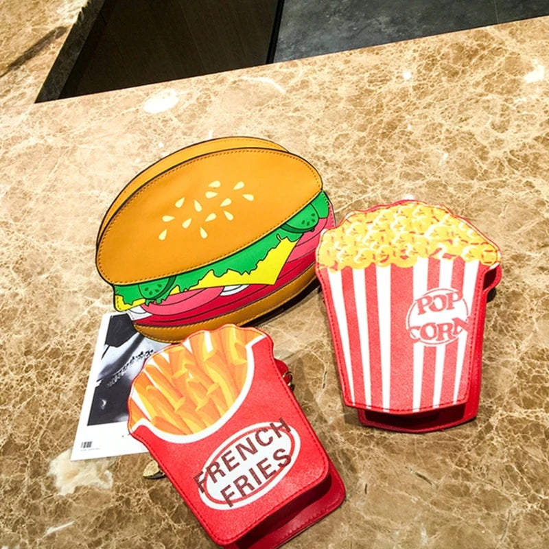 Fun Foodie Fashion 3D Novelty Fashion Crossbody Handbag With Chain Strap - Popcorn, Cheeseburger And French Fries