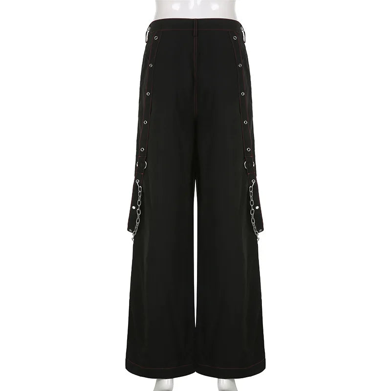 Yangelo Y2k Punk Wide Leg Grunge Black Pants Mall Gothic Harajuku Baggy High Waist Trousers Strap Patchwork Techwear Clothes