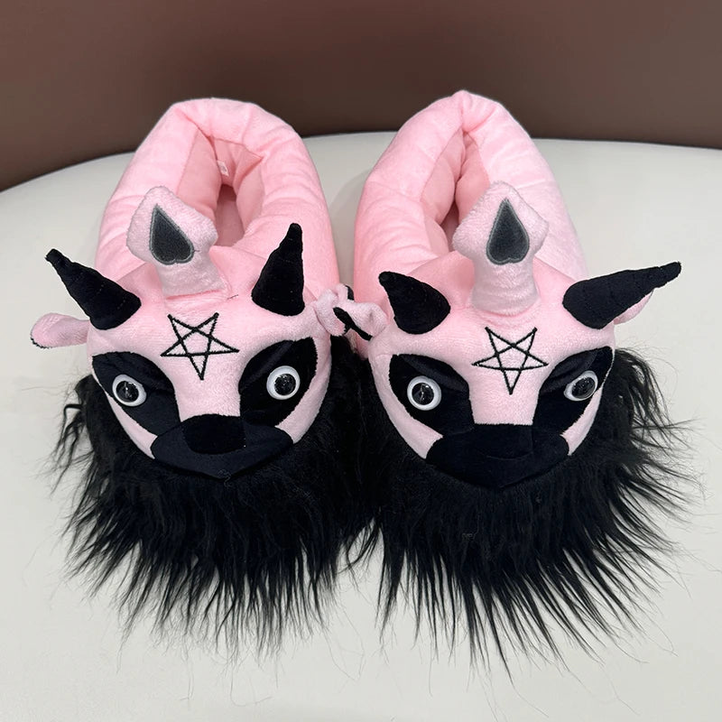 Highland Cow Diablo Series Plush Slippers – Horror-Themed Fluffy House Shoes, Dark Lord King Design