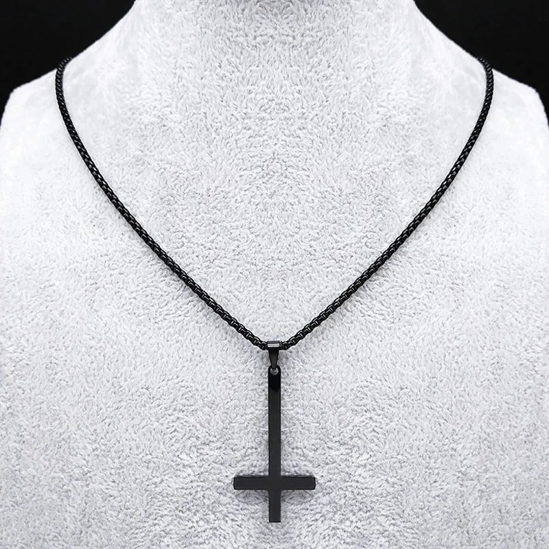 Stainless Steel Upside Down Cross Witchcraft Pagan Necklace - Inverted Cross Black Chain Necklace Jewelry, Model N8374S03