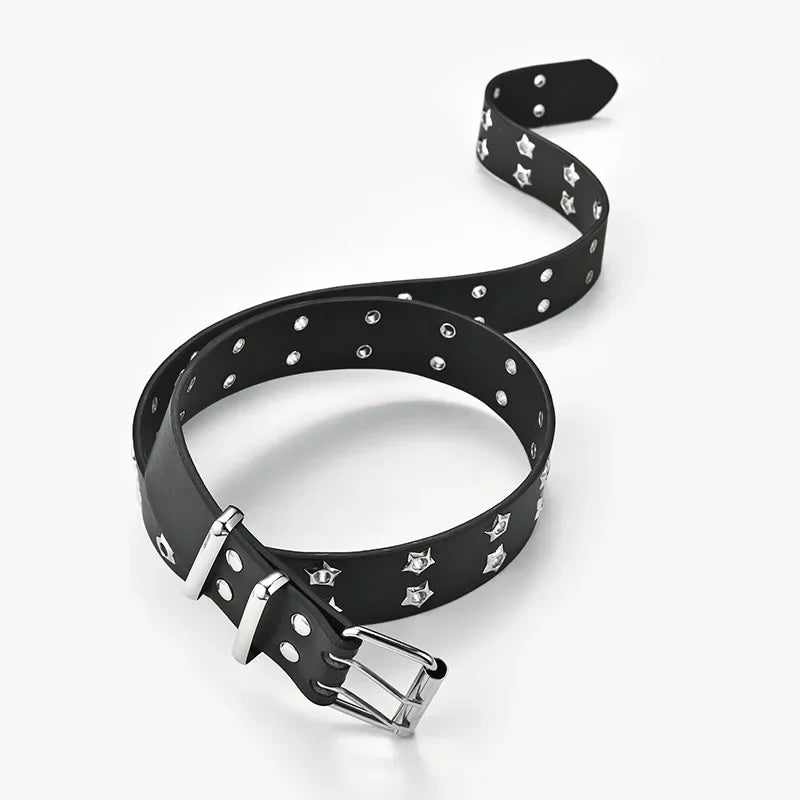 Star Eye Rivet Belt: Gothic Double Pin Buckle, Unisex Fashion Statement in Casual Punk Style PU Leather, Perfect Waistband for Youthful Jeans Wear