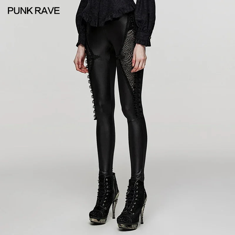 PUNK RAVE Women's Gothic Knit and Mesh Leggings - Punk Lace Streetwear with Symmetrical Segmentation