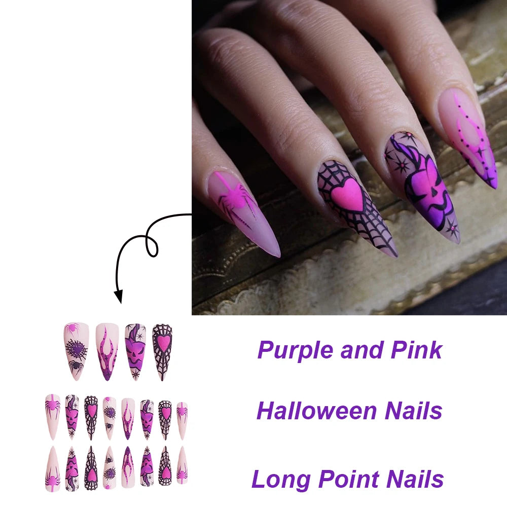 24pcs Halloween Purple Flame wearable Fake Nails Long Stiletto False Nails French Ballerina Press on Nails DIY Manicure Nail Tip