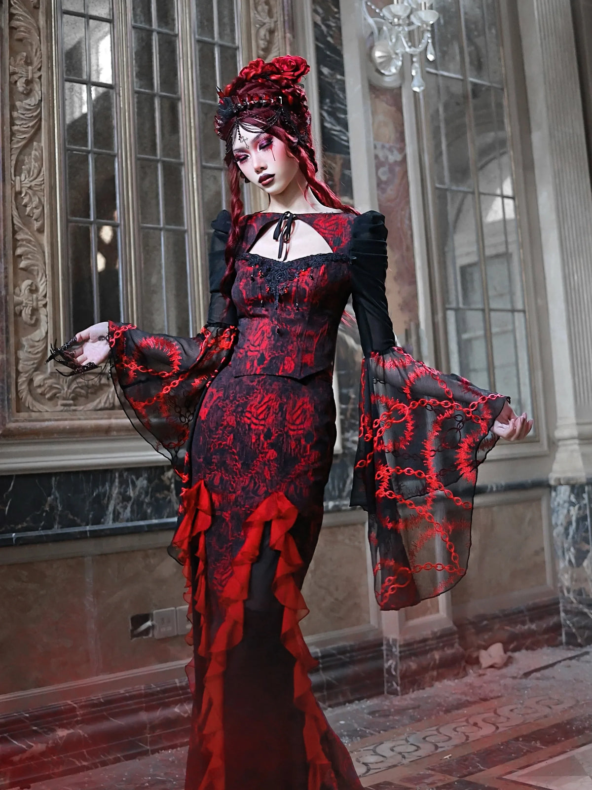 Blood Supply Devil Gothic Rose Print Long Skirt - Punk Chiffon Mesh Trumpet Skirt for Summer in Red and Black