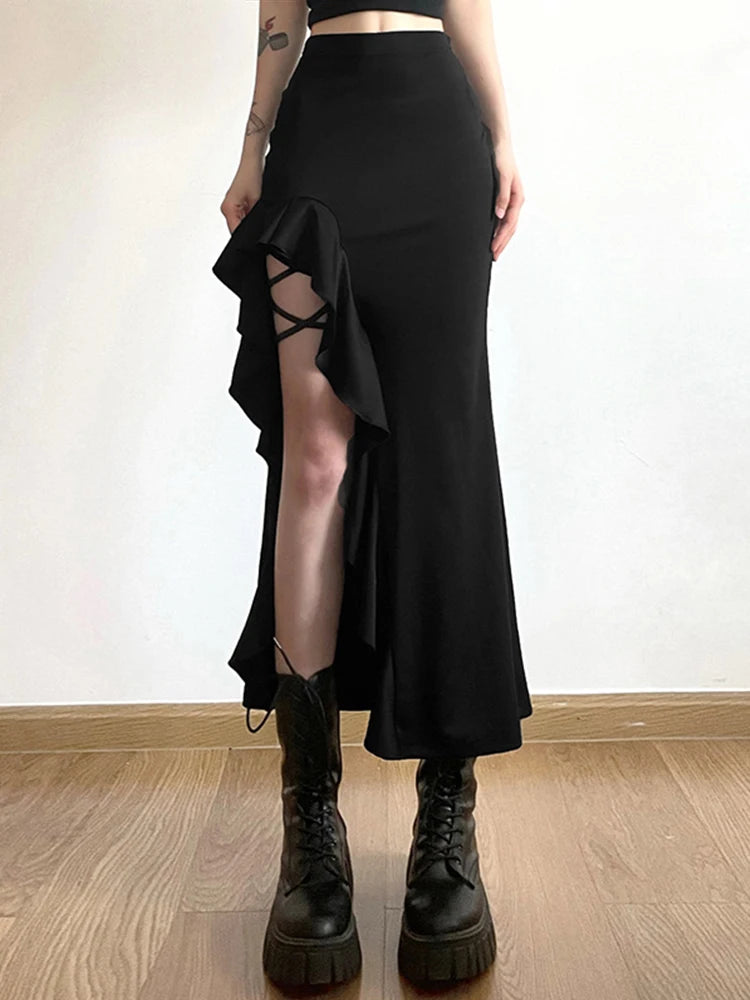 AltGoth  Coquette Mall Goth Skirt Women Streetwear Grunge High Waist Irregulr Split Skirt Vintage Emo Alternative Indie Clothes