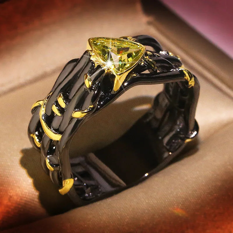 Women’s Unique Exaggerated Personality Ring - Black Gold Tungsten Triangle Green Zircon Crystal Wedding Ring