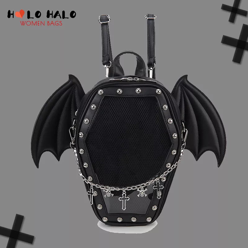 Bat Wings 3D Coffin Shaped PU Mix Goth Inspired Backpack And Crossbody Handbags - Various Designs