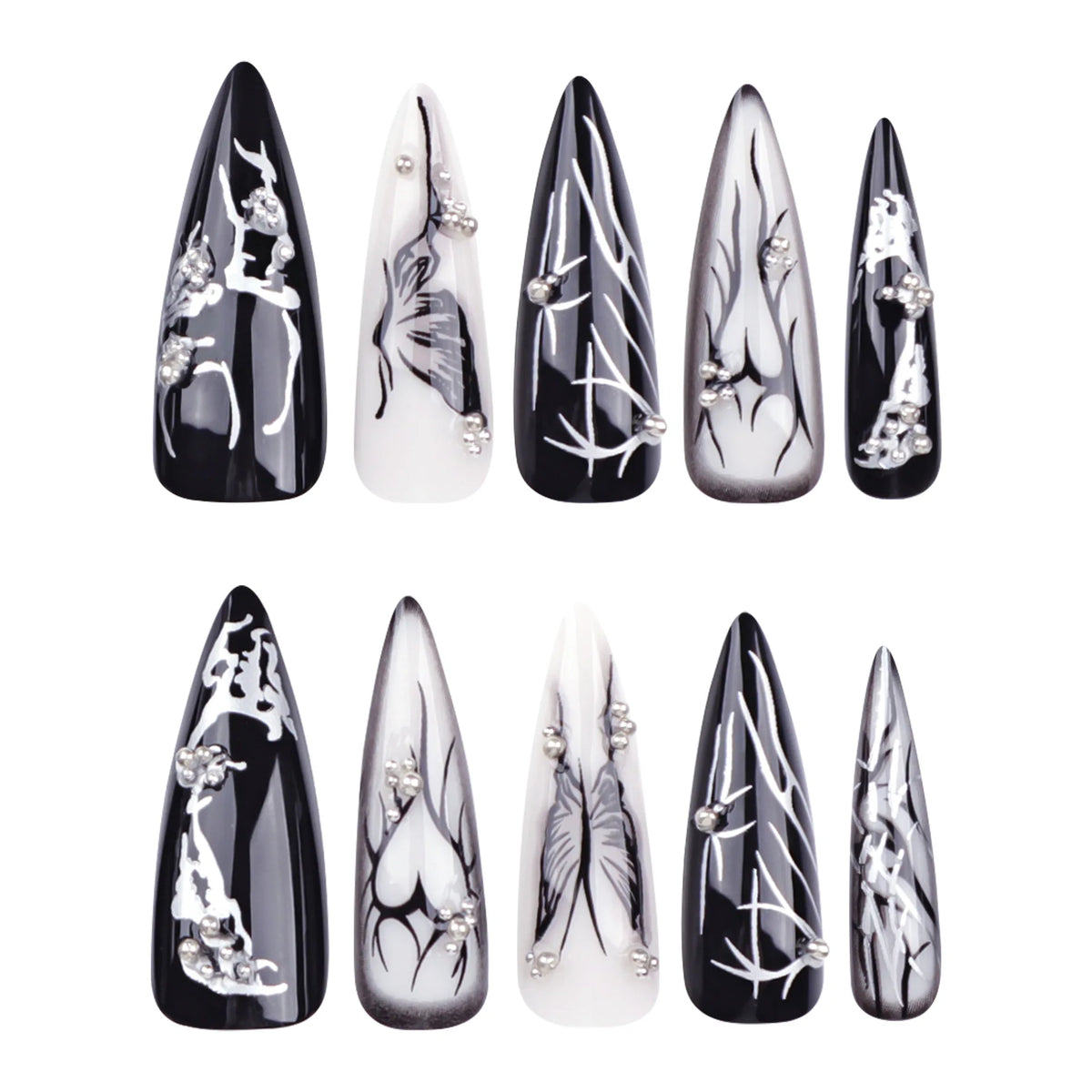 24pcs European Heavy Metal Fake Nails – Black Butterfly Design, Wearable Detachable Punk Style Long Pointed Press-on Nail Tips