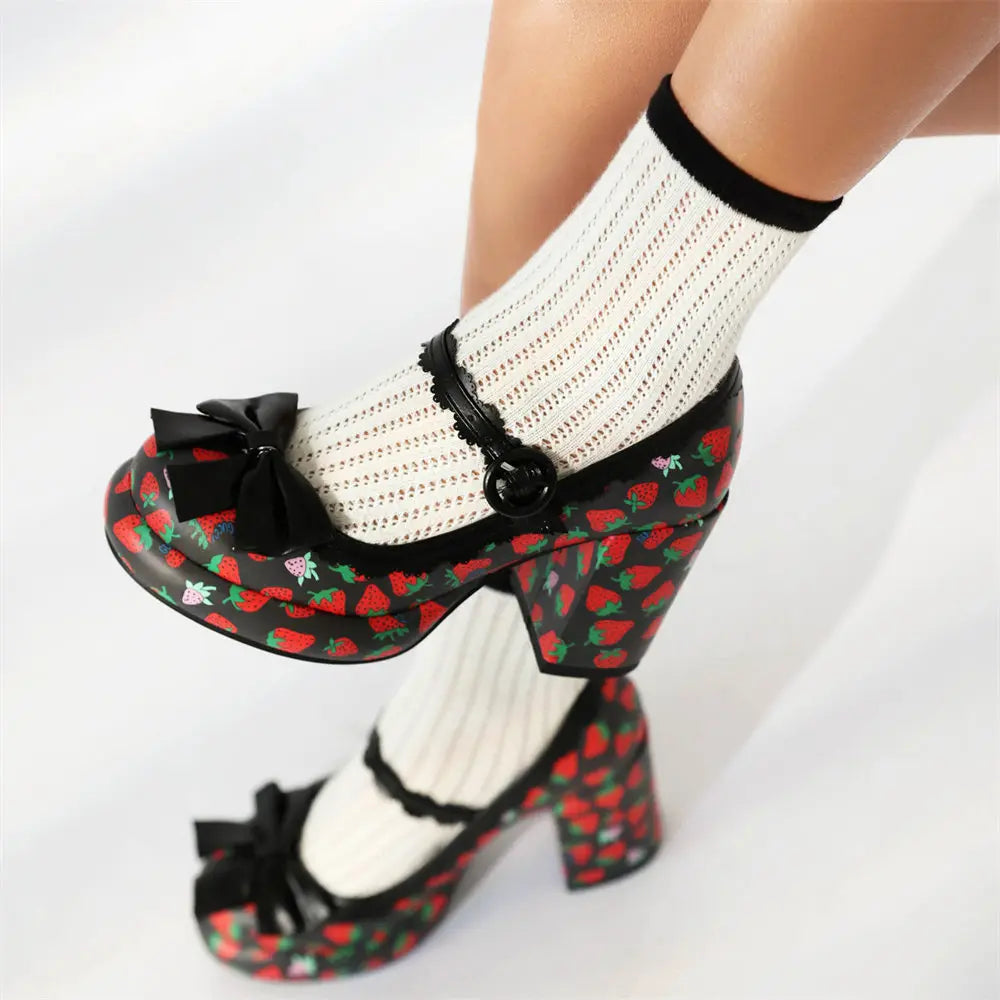 Women's Y2K Block High Heels – Sweet Strawberry Print Mary Jane Pumps, Black & Pink Platform Lolita Shoes