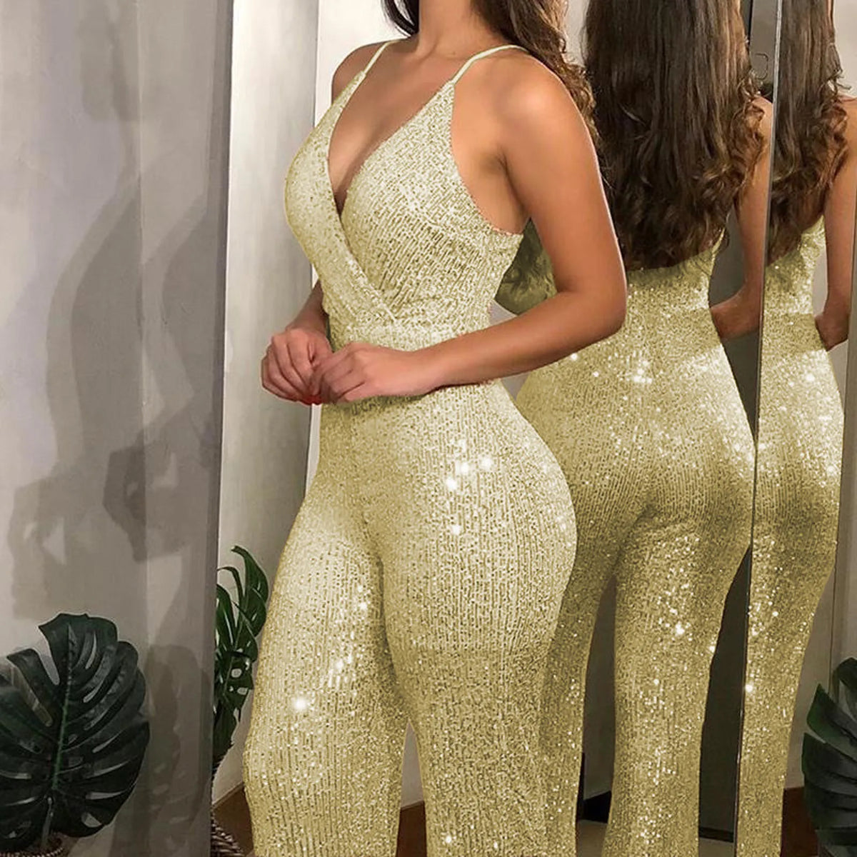 Elegant Sleeveless Sequined Jumpsuit – Shiny Backless Wide Leg Pants, Sexy Slim Fit