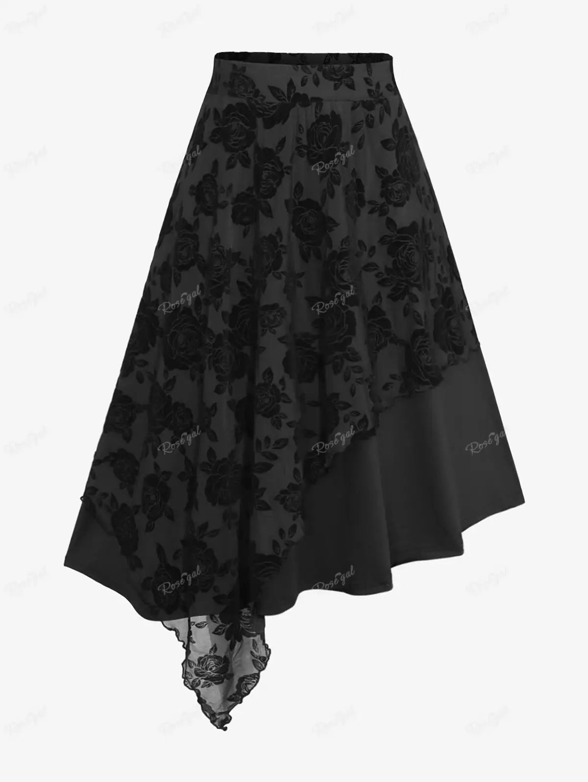 ROSEGAL Plus Size Black Rose Flower Mesh Flocking Layered Asymmetric Suspender Skirt - Oversized Knee-Length Casual Skirt for Women