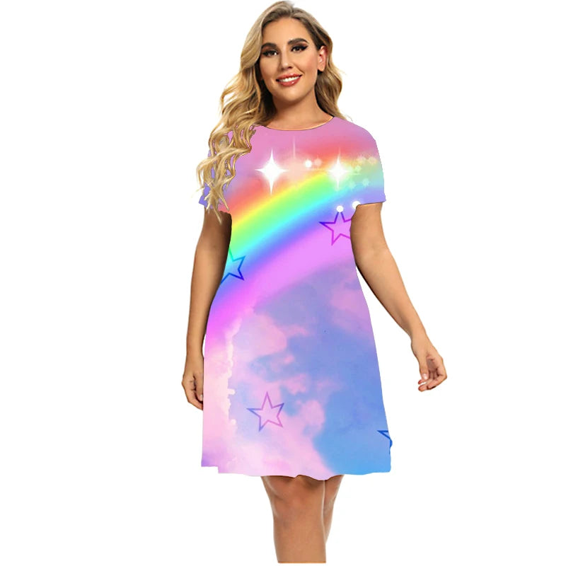 Stars And Moon Gradient Rainbow Women’s Short Sleeve O-Neck A-Line Plus Size T Shirt Dresses