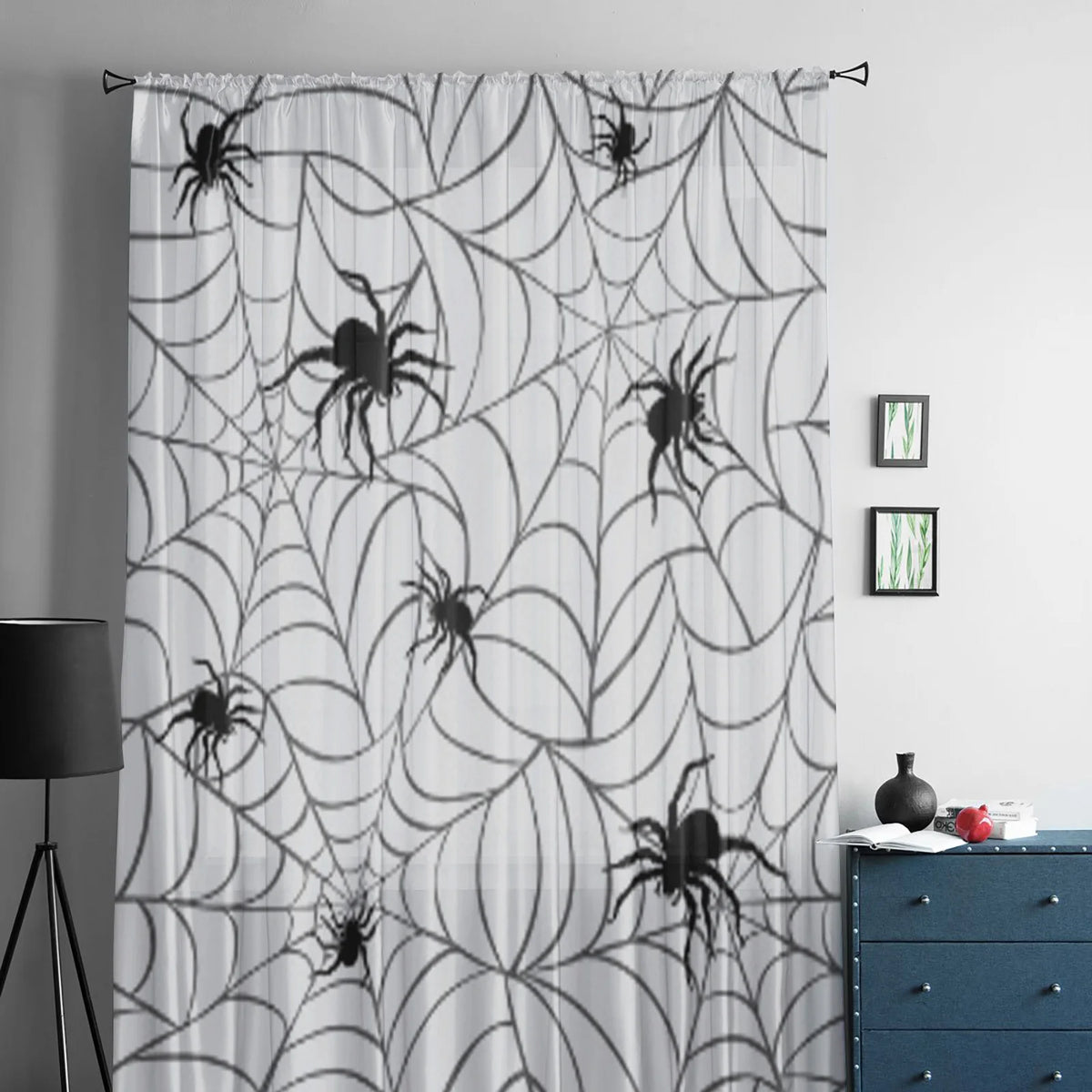 Spiders on Webs Black and White Luxurious Chiffon Sheer Curtains - Gothic Tulle Voiles for Living Room and Bedroom Decor.