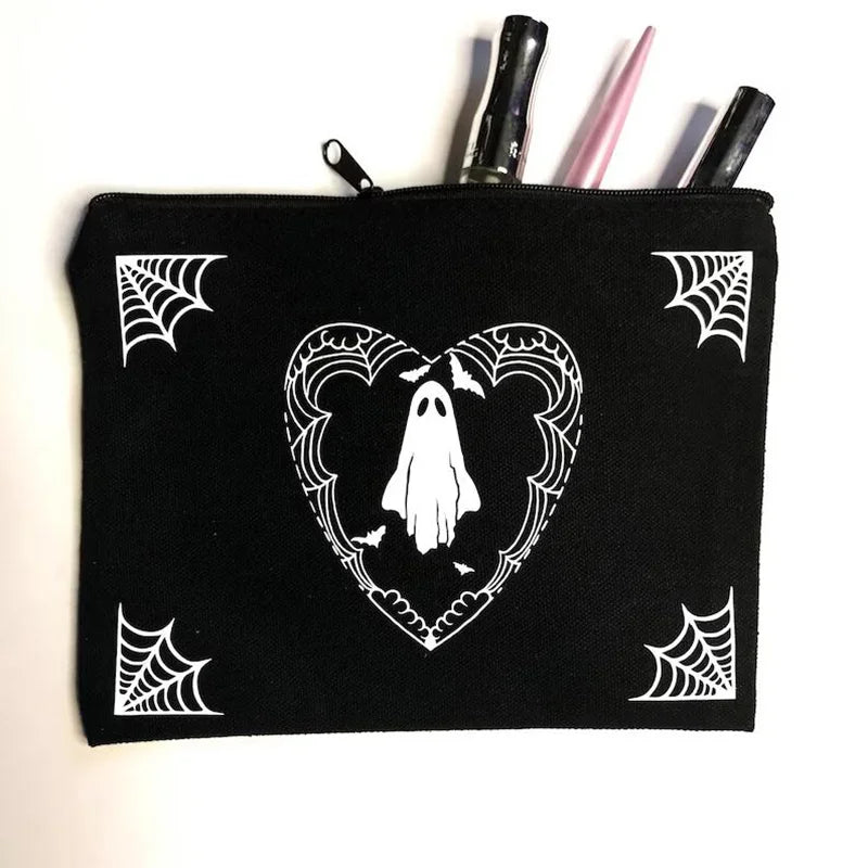 Gothic Ghost Spider Web Makeup Bag – Spooky Halloween Cosmetic Bag, Horror Party Gift & Fall Decoration