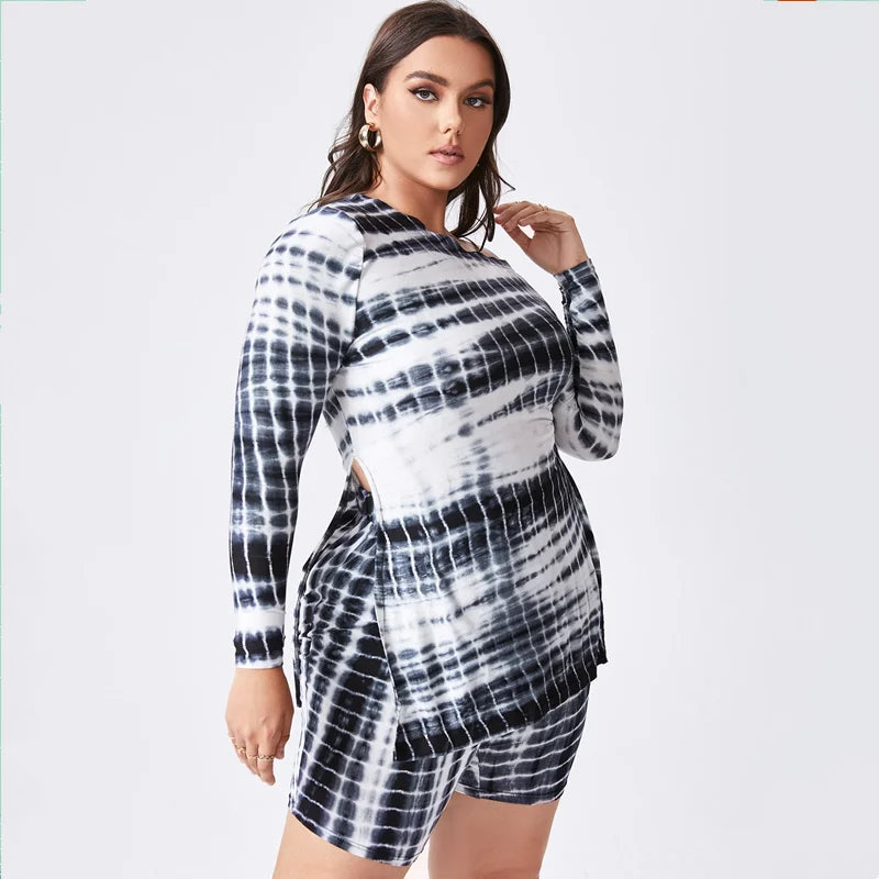 Plus Size Tie Dye Summer Spring Fashion Two Piece Sets Women Outfits Oblique Neck Long Sleeve Top Blouse And Biker Shorts