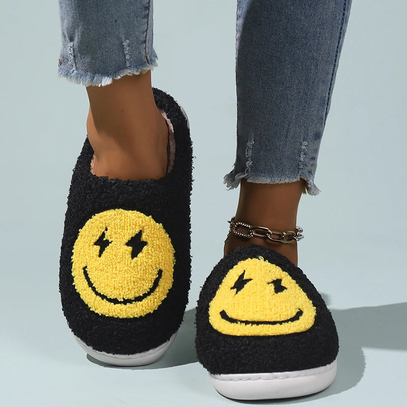 Cartoon Yellow Smile Slippers for Women 2023 - Winter Soft Sole Fluffy Fur Slippers, Flat Heel Plush Bedroom Home Cotton Shoes