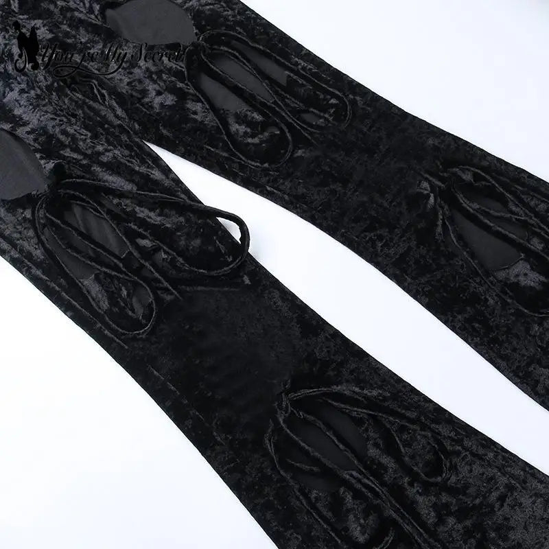 [You're My Secret] Goth Hollow Out Dark Velvet Pencil Pants Aesthetic Punk Sexy High Waist Trouser Y2K Bandage Women Bell Bottom