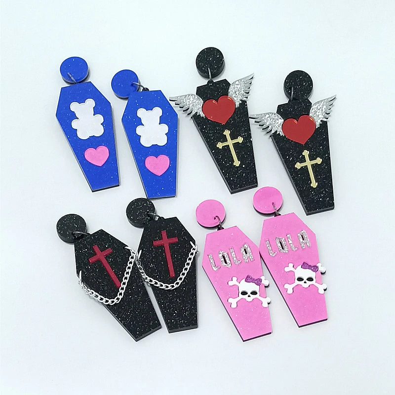 KUGUYS Halloween Gothic Coffin Drop Earrings | 4 Styles Glitter Acrylic Jewelry | Fashion Accessories for Women