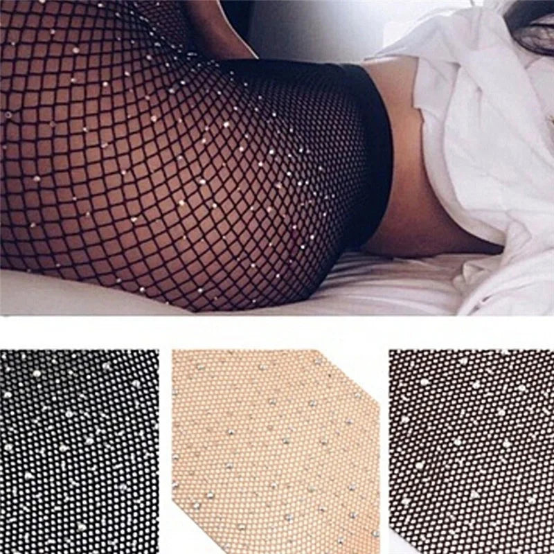 Colorful Rhinestone Fishnet Pantyhose - Fashionable Shiny Net Tights for Women, Slim Rhinestone Mesh Nylon Stockings