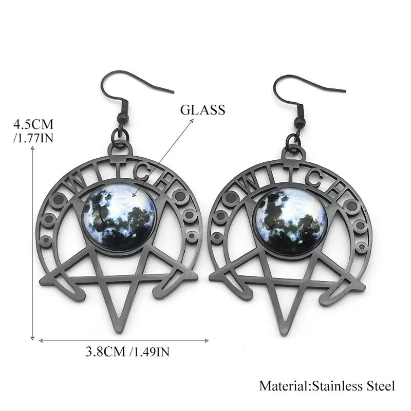 Gothic Witch Moon & Pentagram Earrings – Stainless Steel Starry Sky Crescent Drop Jewelry for Women