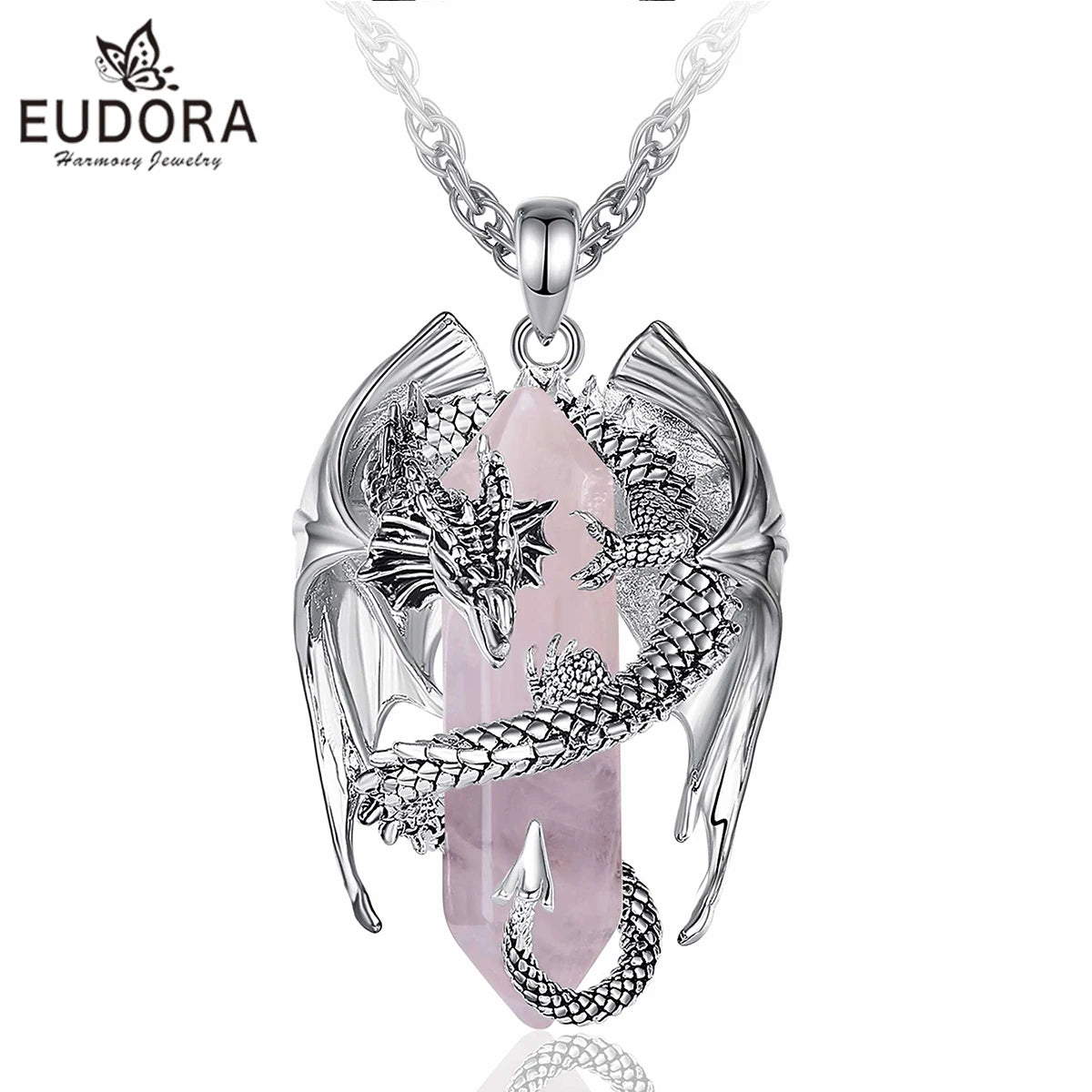 Eudora Dragon Twining Hexagonal Rose Quartz Pendant Necklace – Punk Healing Stone Jewelry Gift for Men and Women