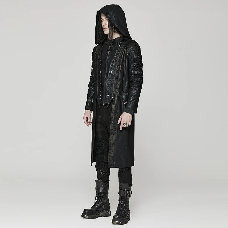 PUNK RAVE Men's Punk Distressed Hooded Hollow Twill Printing Long Coat Detachable Hat Casual Handsome Jacket Men Clothing