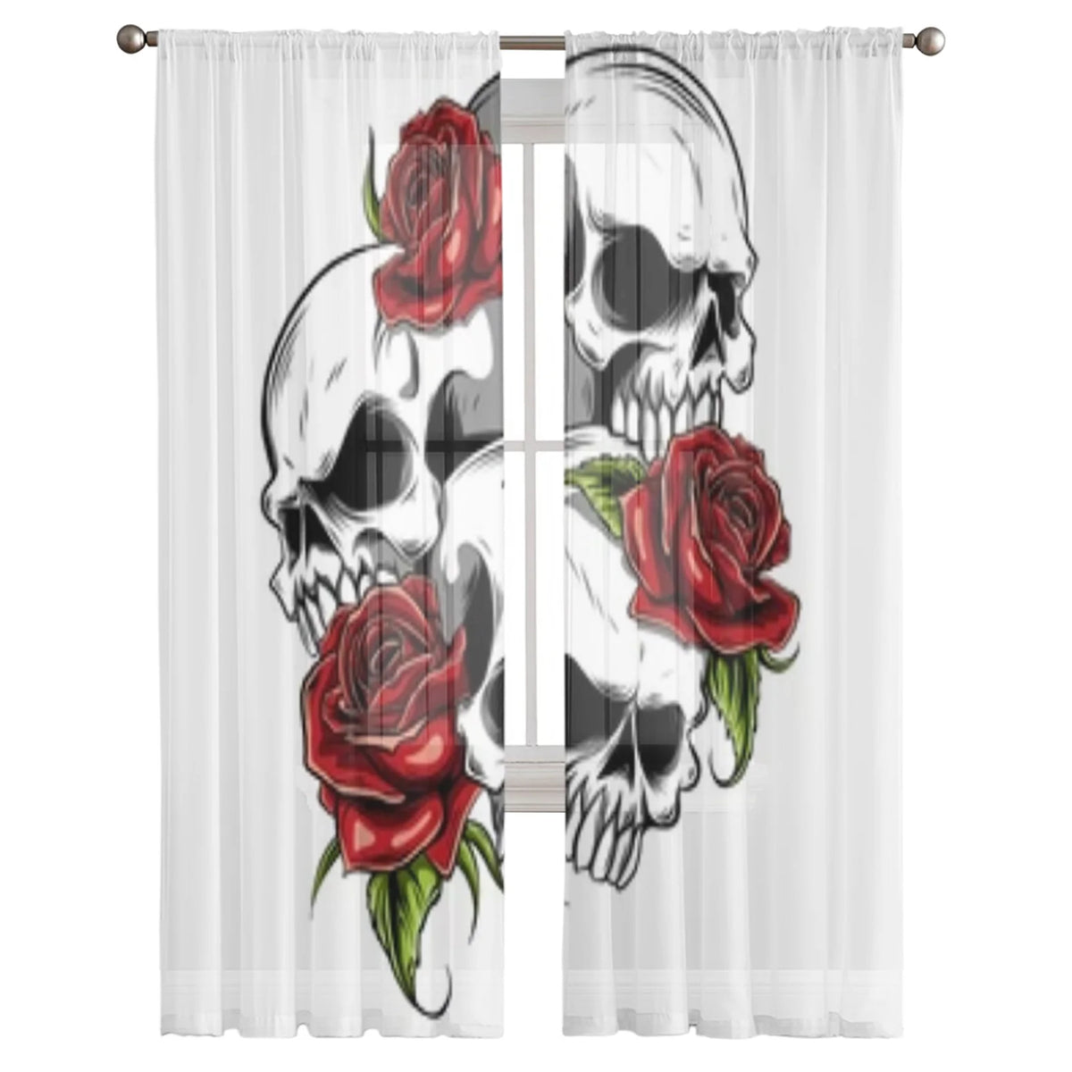 Skull with Roses Chiffon Sheer Curtains - Tulle Drapes for Living Room and Bedroom Decoration