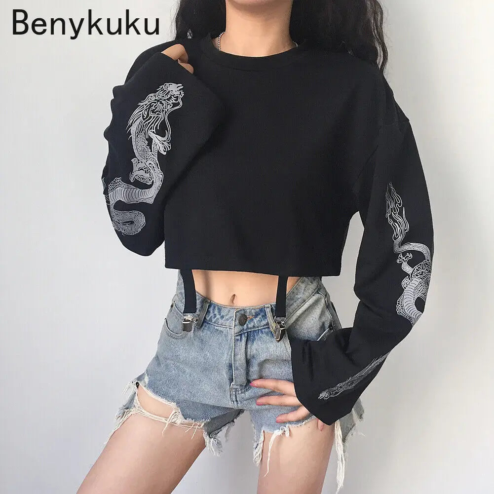 Gothic Punk Cool Girl Grunge Dragon Pattern T-Shirt – Long Sleeve Loose Sweatshirt, Harajuku Black Crop Top Pullover for Women