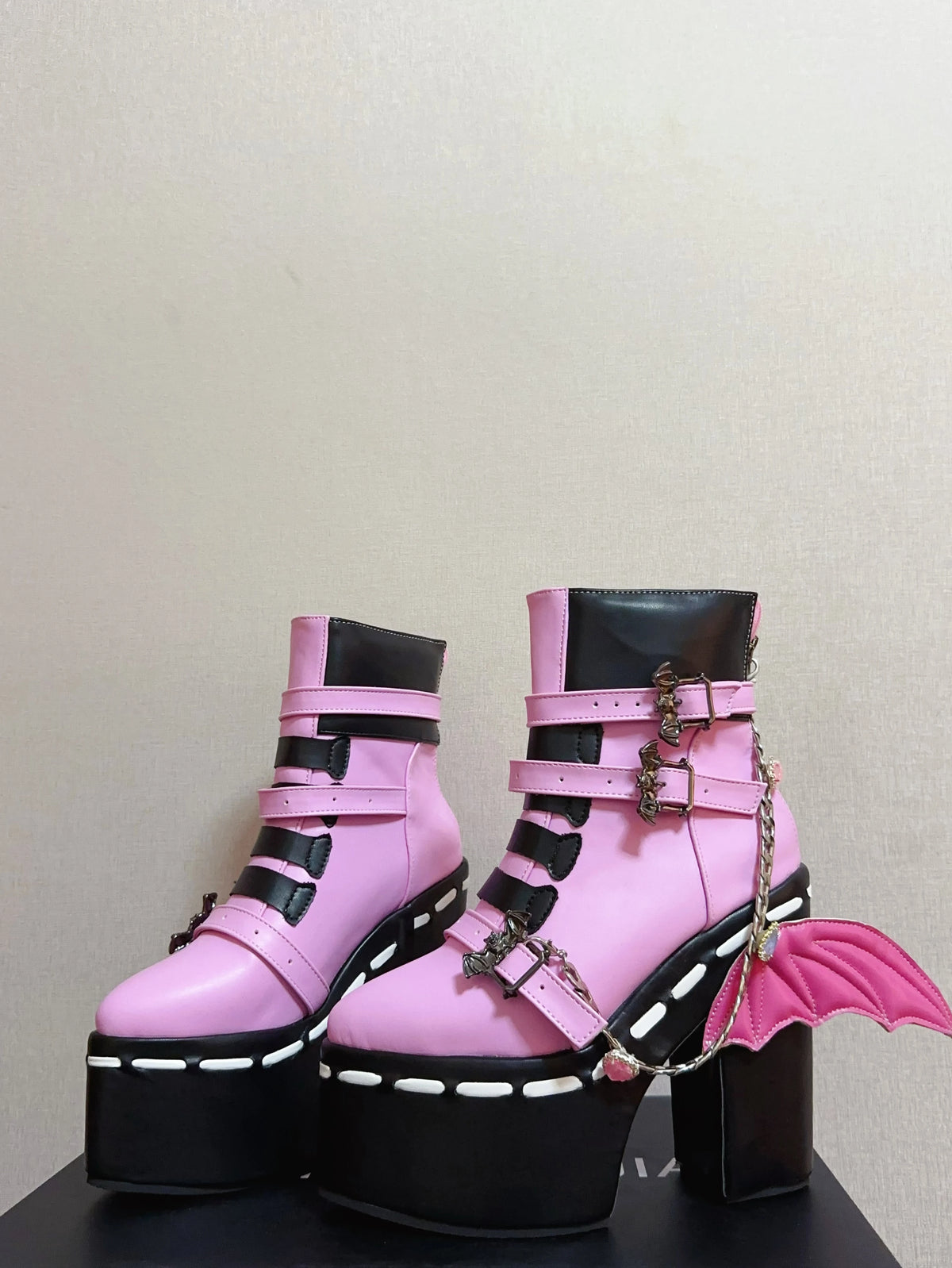 Women Wasteland style thick sole pink black ankle short Boots woman high Heels pumps Cool Lady party customized shoes wings