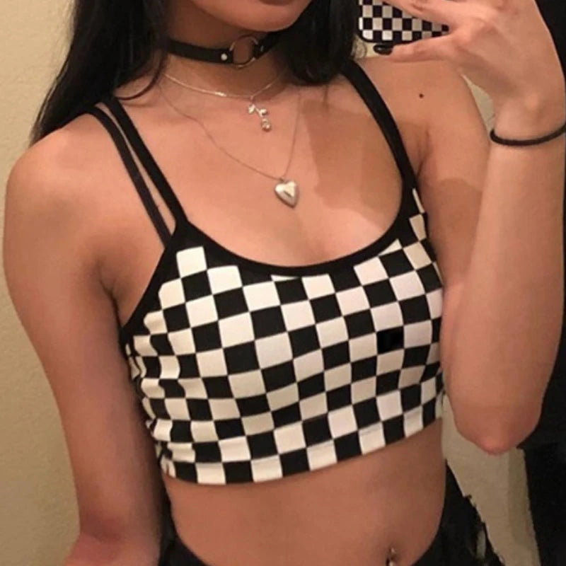 Black Red Plaid Checkerboard Tank Top Halter Women Bare Midriff Crop Tops Camis Fashion Tube Top Female Sleeveless Cropped Vest