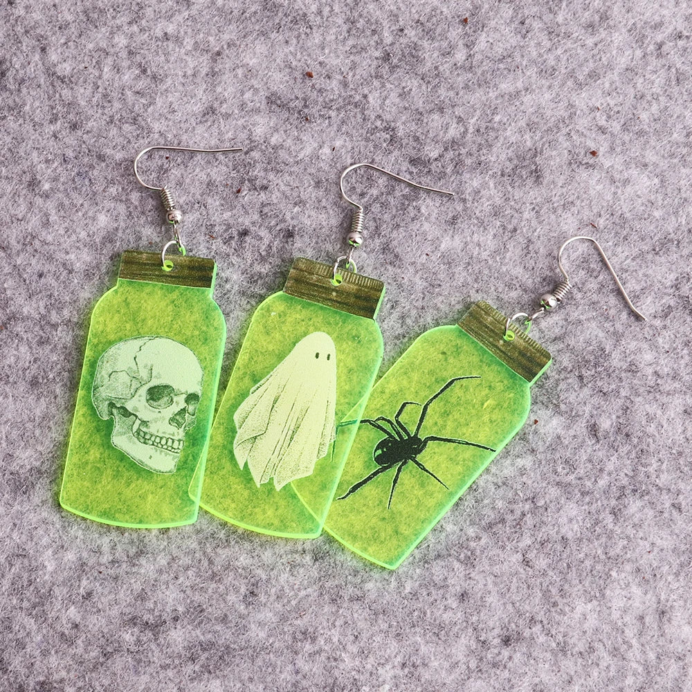 Trendy Skull Ghost Halloween Drop Earrings – Fluorescent Green Spider Bottle Acrylic Dangle Earrings for Women