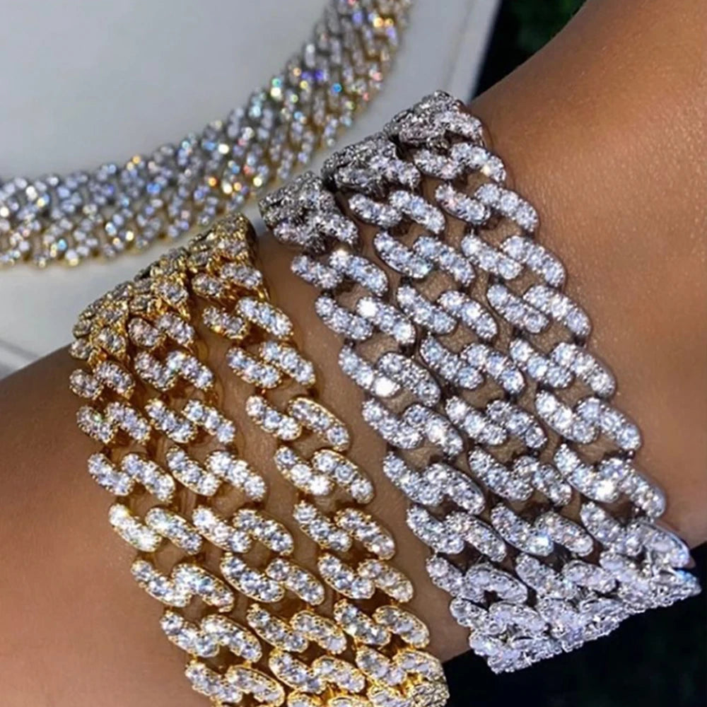 Punk Bling 2-Row Rhinestone Prong Cuban Bracelet - Colorful Crystal Chain Hip Hop Jewelry Gift for Women & Men