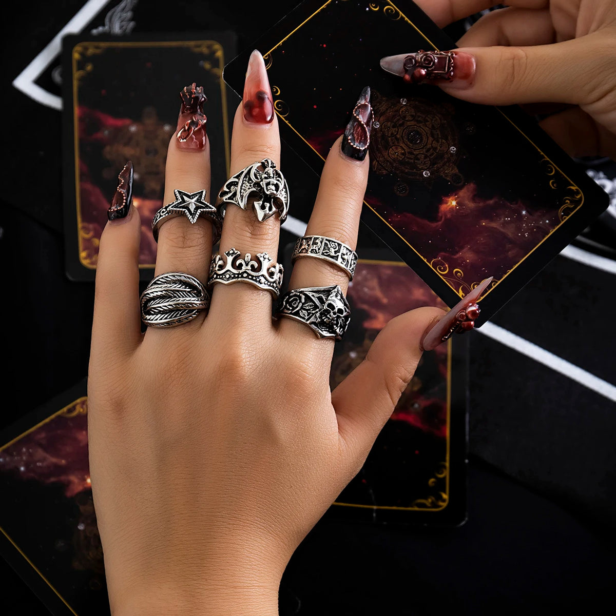 KunJoe 6pcs Halloween Gothic Jewelry Set | Metal Skull Head & Five-Point Star Rings | Punk Silver Party Gift