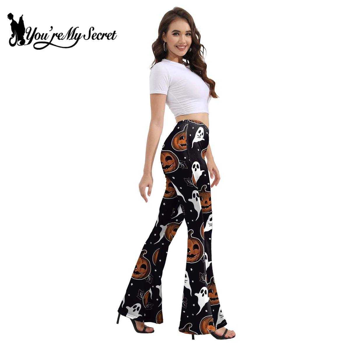 [You're My Secret] Women's Slim Pants Casual Bell Bottoms High Waist Flare Trousers Halloween Style Printed Trousers Female