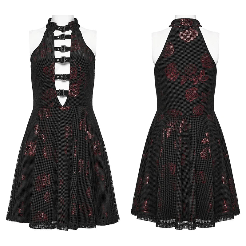 PUNK RAVE Women's Gothic Velvet Rose Print Dress - Sexy V-Neck Sleeveless A-Line Mini Dress for Summer