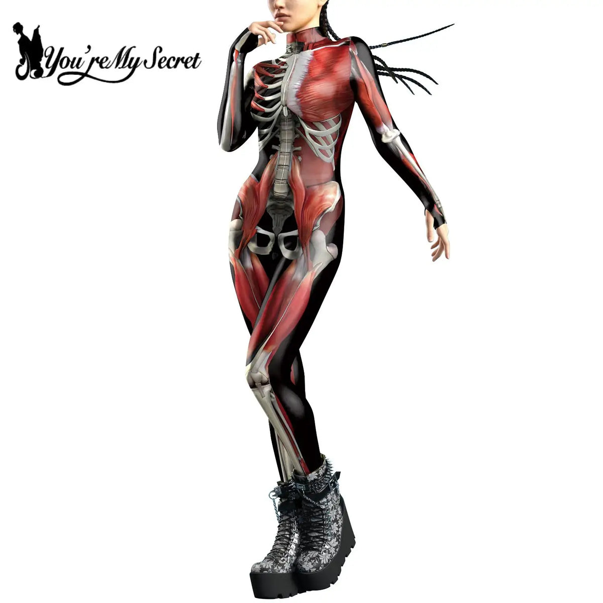 [You're My Secret] Halloween Colorful 3D Skeleton Women Bodysuits Zentai Jumpsuit Front Zipper Cosplay Costume for Female Outfit