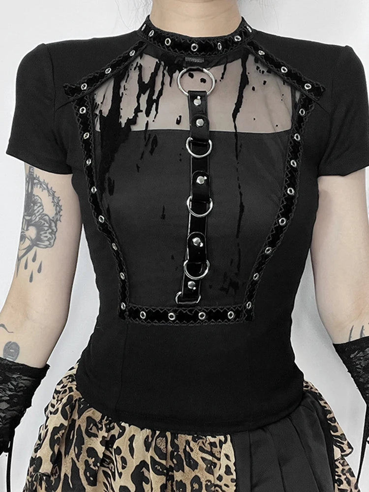 2024 Women's Gothic Hollow Rivet Top - Dark Style Basic T-Shirt