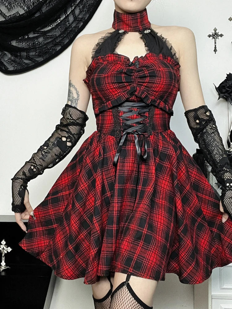 Gothic Halter Neck Sleeveless Dress | Women’s Vintage Plaid Mall Goth Lace High Waist A-line Swing Backless Dresses