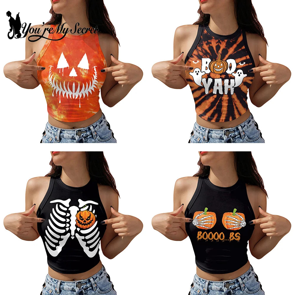 [You're My Secret] Halloween Party Pumpkin Skull Printing Tight Elastic Tie dye Tank Top For Women Summer Y2K Gothic Top