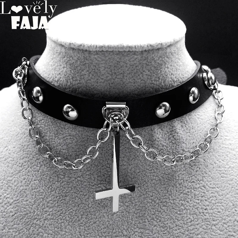 Harajuku Choker Gothic Peter's Cross Necklace - Stainless Steel with PU Leather, Anime Cosplay Jewelry Gift