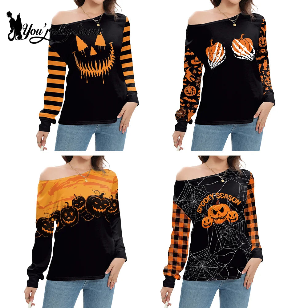 [You're My Secret] Women Slant Shoulder Long sleeve Vintage Crewneck Pullover Top Halloween Skull Printed Sweatshirt Streetwear