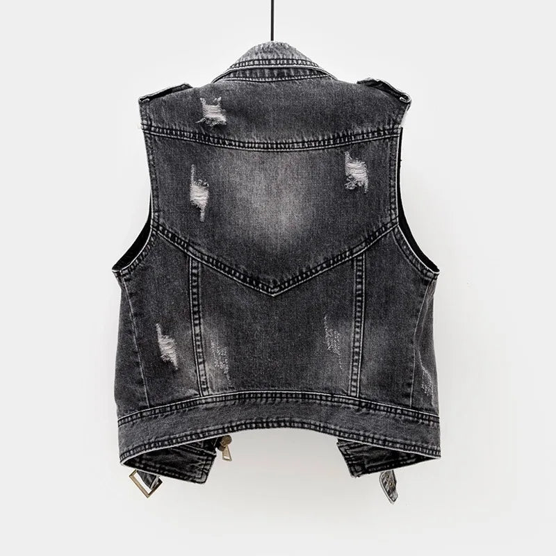 Spring-Summer Women's Slim Sleeveless Denim Jacket - Casual Rocker Vest