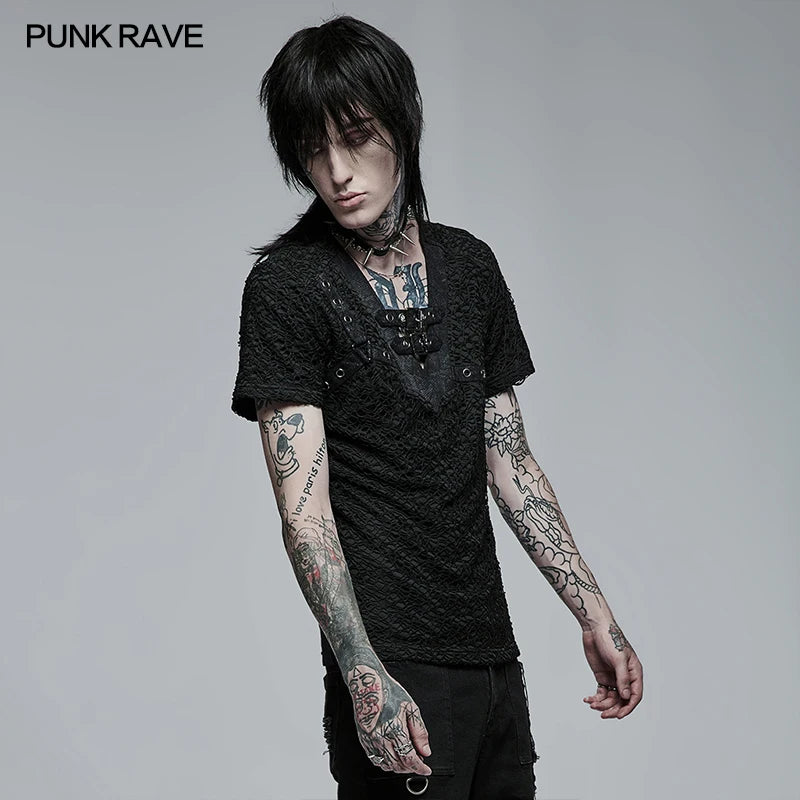 PUNK RAVE Men's Gothic Daily Personality Stylish Mesh V-neck Short Sleeve T-shirt Slim Fit Black Tops Spring Summer