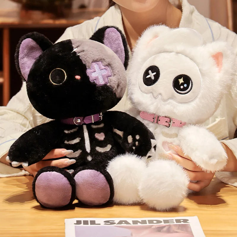 39cm Skeleton Cartoon Kitten Plush Toy – Black and White Stuffed Animal, Spooky Darkness Plushie, Perfect for Halloween Decor and Gifts