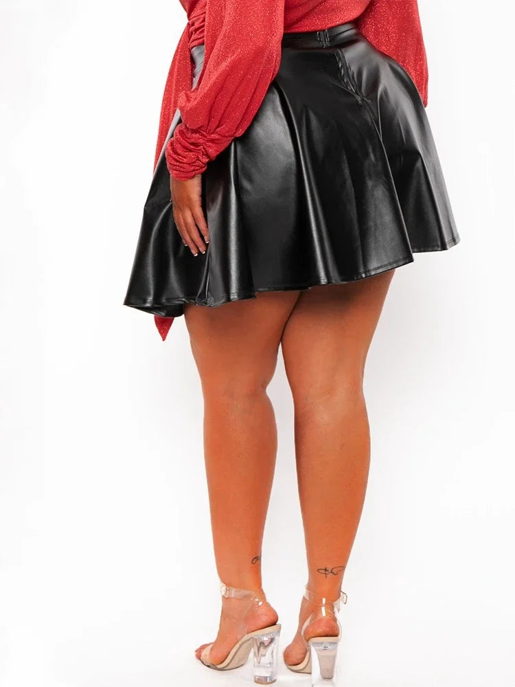Women’s Plus Size Matte Leather Flare Skirt – High Waist PU Pleated A-line Skirt, Elegant Streetwear