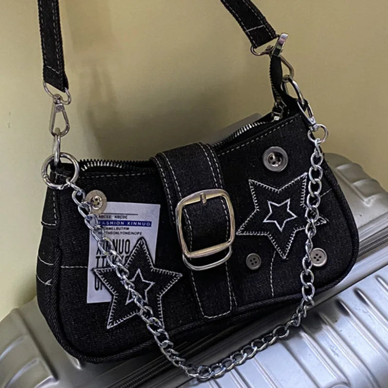 2024 Fashion Denim Canvas Shoulder Bag - Women’s Star Embroidery Y2K Hobo Bag with Zipper and Chain