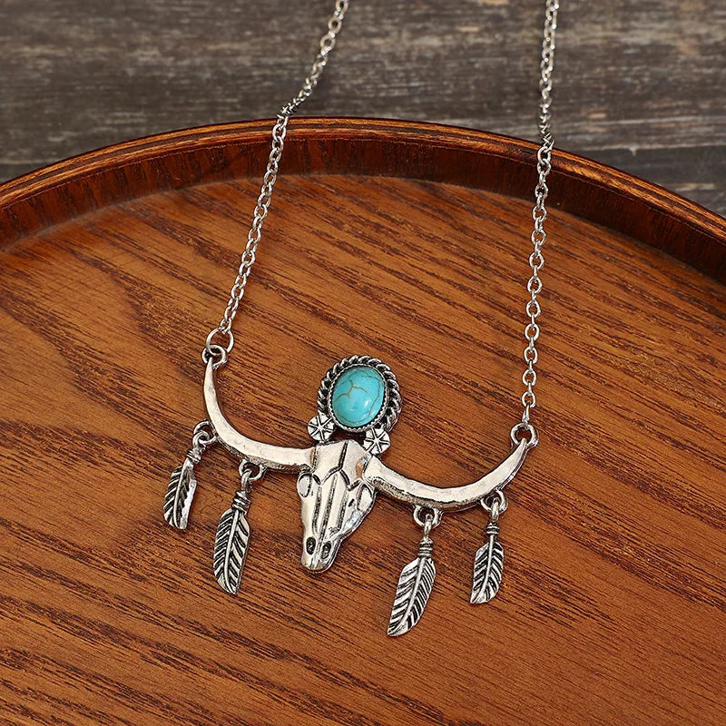 Navajo Kingman Turquoise Longhorn Necklace: Bull Horns Pendant Necklace for Women, Western Cowgirl Accessories Texas Boho Jewelry