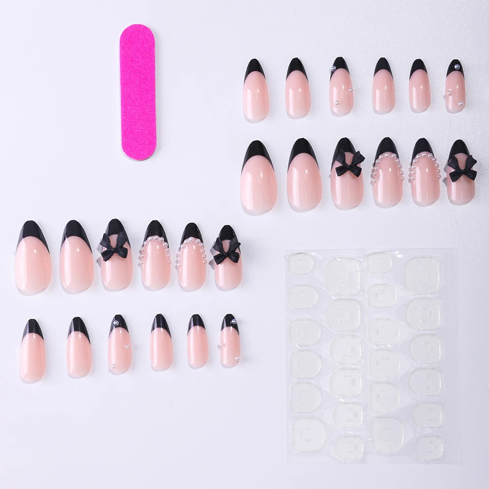 24pcs press on nails short almond bowknot black press on nails white pearl sweet french tip press on nails cute nails cheap nail