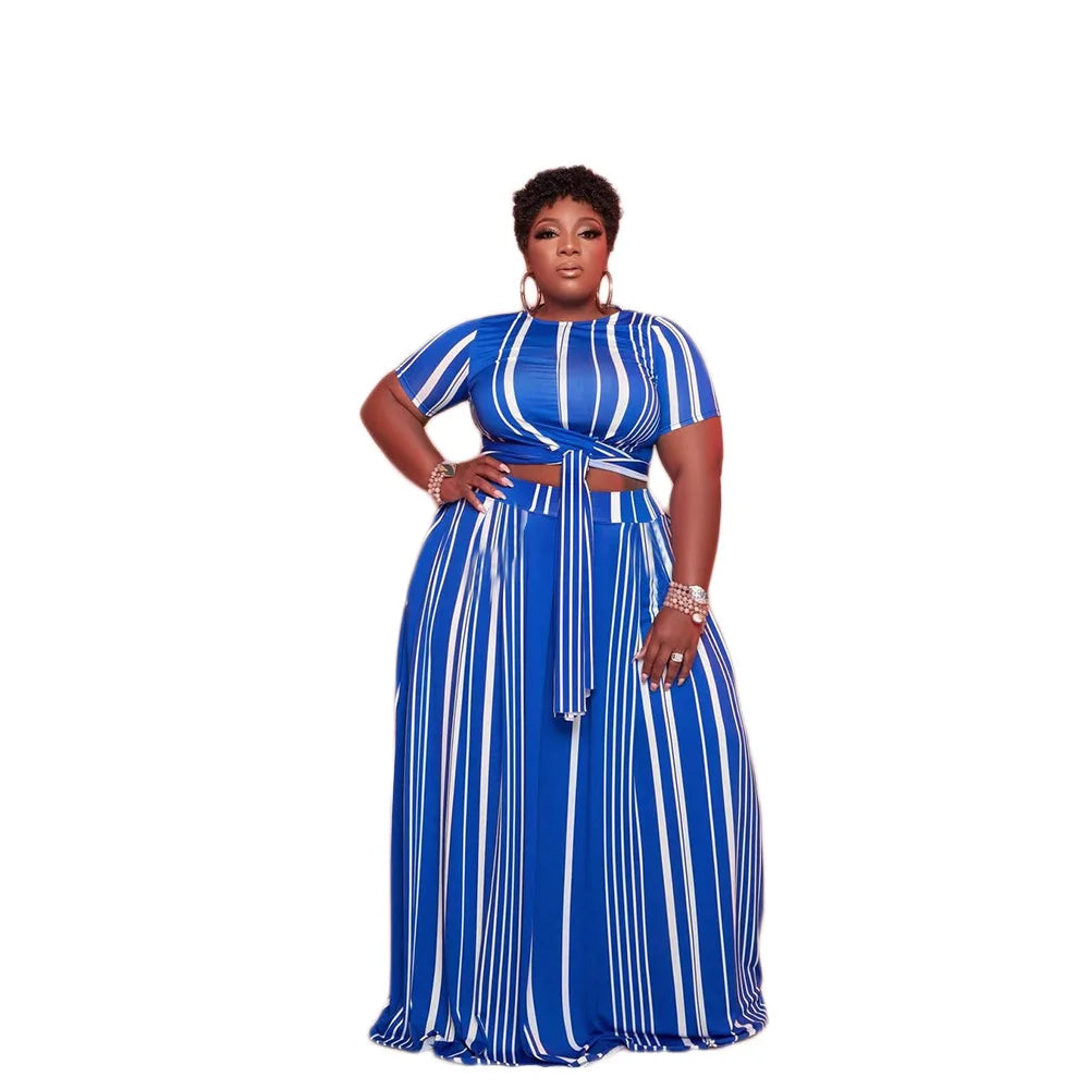 Sexy Women’s Clothing Round Collar Striped Printed Two Piece Set - Lace-Up Plus Size Long Skirt Set